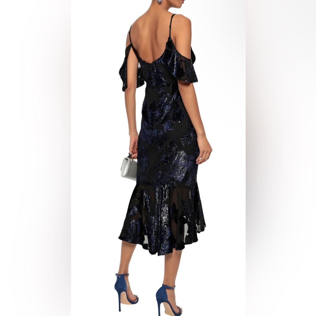 Marchesa Cold-Shoulder Metallic Devor-Velvet Ruffle Hem Midi Dress